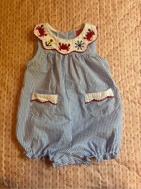 Good Lad Blue and White Striped Nautical Bubble Romper with Red Embroidery